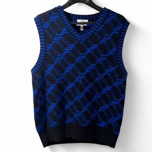 Men’s COS Blue/Black Wool Blend Patterned V-Neck Sweater Vest Size Large
